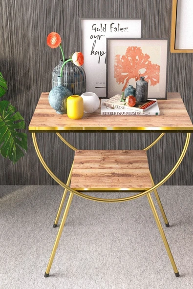 Yan Sehpa Komodin Metal Ayak Çift Gold Ceviz - Resim 3