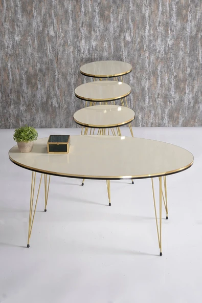 Zigon Sehpa Ve Orta Sehpa Elips Set Çift Gold Krem Tel Ayak ürün görseli