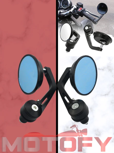 MAVİ CAMLI YUVARLAK MOTOSİKLET GİDON AYNASI TAKIMI ALÜMİNYUM - Resim 2