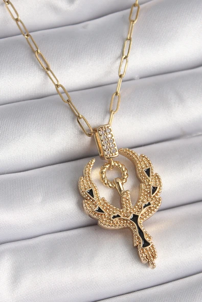Anka Kuşu Tasarımlı Gold Renk Zirkon Taşlı Kadın Kolye - BKO9528-ST ürün görseli