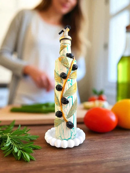 500 ML Kil Kabartma Uygulama Akdeniz ve Ege Dokunuşu El Yapımı Zeytinyağı & Üzüm Sirke Şişeleri, Yağdanlık, Bej - 3