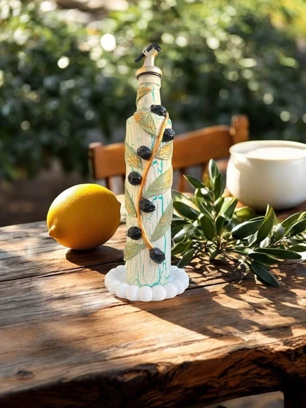 500 ML Kil Kabartma Uygulama Akdeniz ve Ege Dokunuşu El Yapımı Zeytinyağı & Üzüm Sirke Şişeleri, Yağdanlık, Bej - 4