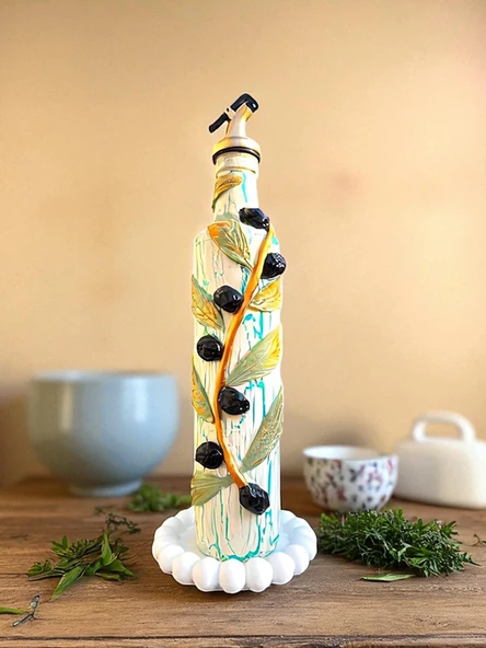 500 ML Kil Kabartma Uygulama Akdeniz ve Ege Dokunuşu El Yapımı Zeytinyağı & Üzüm Sirke Şişeleri, Yağdanlık, Bej