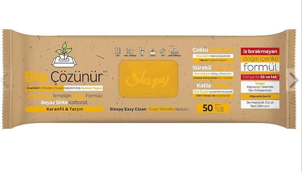 NİVEMESHOME BİO ÇÖZÜNÜR KARANFİL &TARÇIN 50 YAPRAK YÜZEY TEMİZLİK HAVLUSU SLEEPY - 1