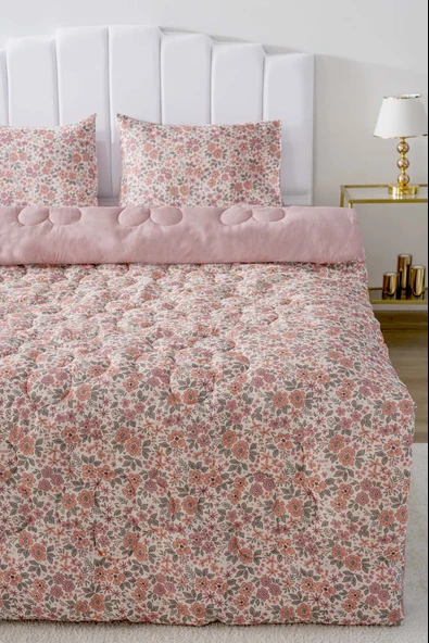 Pembe Bahar Çift Kişilik Çift Taraflı Papatyalı Kapitone Yorgan 200x215 cm - 2