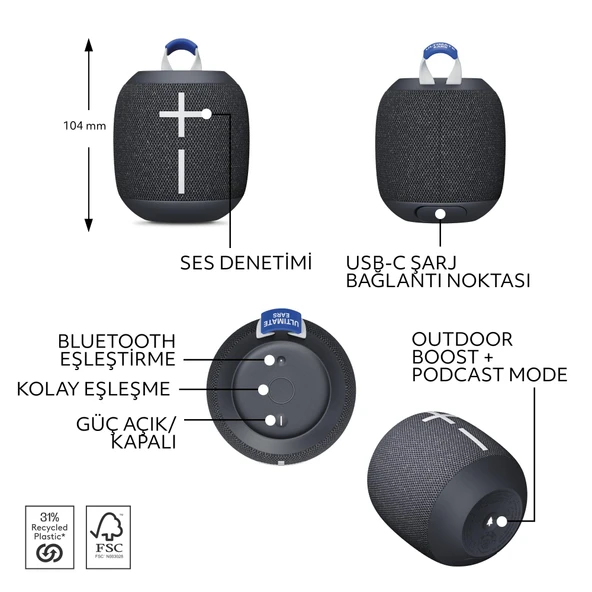 Ultimate Ears WONDERBOOM 4 Taşınabilir Su Geçirmez Bluetooth Hoparlör, Büyük Bas ve 360 Derece Ses - Siyah - Resim 5