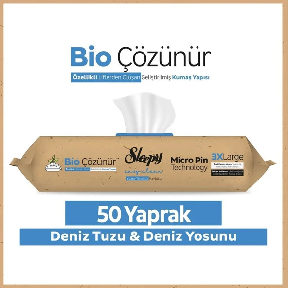 NİVEMESHOME BİO ÇÖZÜNÜR DENİZ TUZU & DENİZ YOSUNU 50 YAPRAK YÜZEY TEMİZLİK HAVLUSU SLEEPY