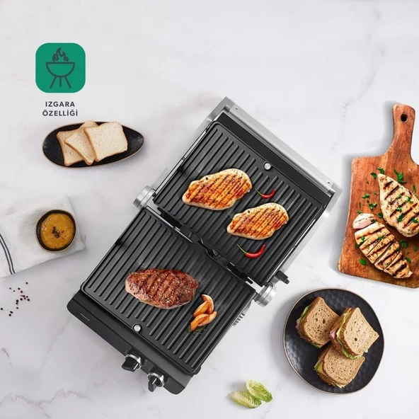Homend Grilliant 1342H 3 in 1 Inox Gövde Çift Taraflı XL Döküm Plaka Tost ve Izgara Makinesi - Resim 2