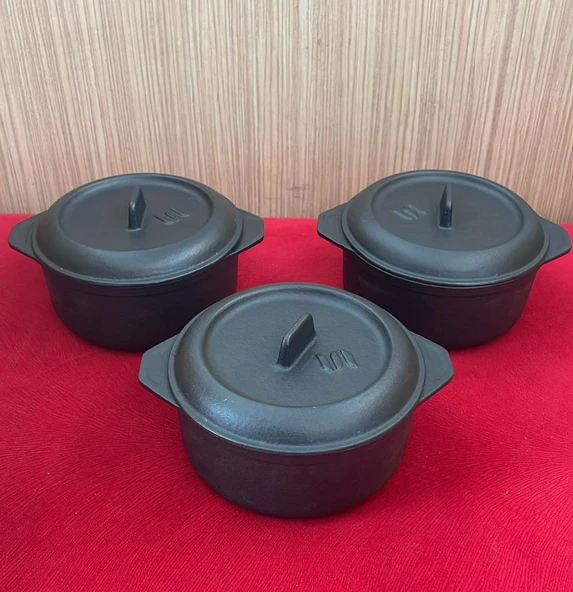 SÜREL DÖKÜM 12 CM 3 LÜ YUVARLAK SET GÜVEÇ TENCERE MAT SİYAH