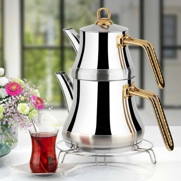 Yonca Lines L-3091 Naz Aile Boy Çelik Çaydanlık Takımı Altın Desenli Kulp