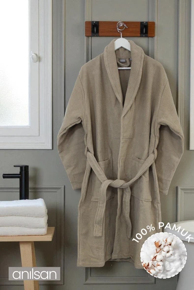 %100 Pamuk Bej Bornoz - Şalyaka Otel Bornozu, Spa Için Ideal, Günlük Kullanıma Uygun