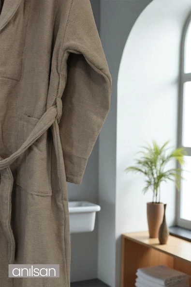 %100 Pamuk Bej Bornoz - Şalyaka Otel Bornozu, Spa Için Ideal, Günlük Kullanıma Uygun - 2