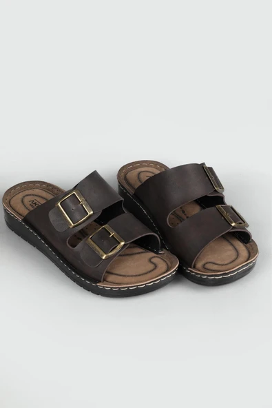 Lugmo Suni Deri Eva Terlik Dikişli Metal Çift Tokalı Erkek Konfort Hafif Kaymaz Kahverengi - Resim 8