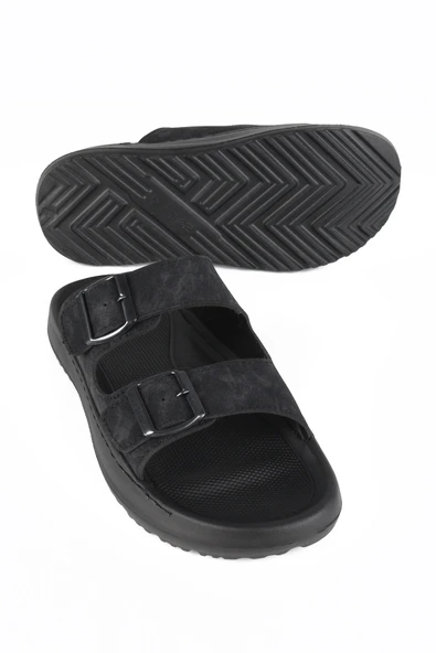 Lugmo Suni Deri Eva Terlik Dikişli Metal Tokalı Erkek Konfort Hafif Terlik Kaymaz - Resim 6