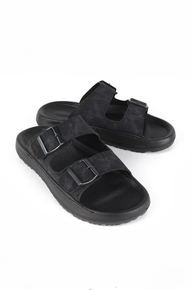 Lugmo Suni Deri Eva Terlik Dikişli Metal Tokalı Erkek Konfort Hafif Terlik Kaymaz - Resim 9