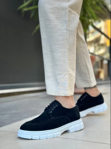 Pabucmarketi Bağcıklı Erkek Casual Ayakkabı SİYAH SÜET (BEYAZ TABAN) - Resim 2