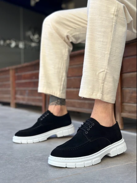 Pabucmarketi Bağcıklı Erkek Casual Ayakkabı SİYAH SÜET (BEYAZ TABAN) - Resim 3