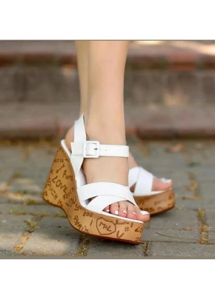 Pabucmarketi Beyaz Kadın Dolgu Topuk Sandalet - 2