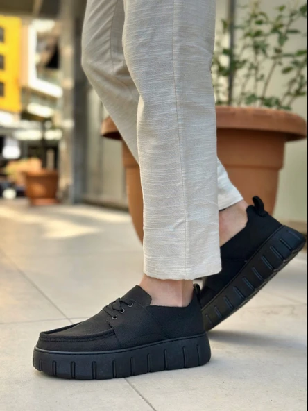 Pabucmarketi Bağcıklı Keten Erkek Günlük Ayakkabı SİYAH (SİYAH TABAN) - Resim 3