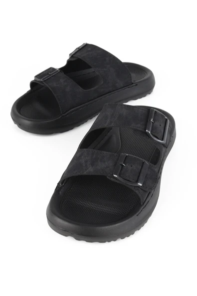 Lugmo Suni Deri Eva Terlik Dikişli Metal Tokalı Erkek Konfort Hafif Terlik Kaymaz - Resim 2