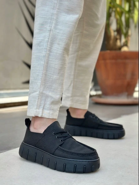 Pabucmarketi Bağcıklı Keten Erkek Günlük Ayakkabı SİYAH (SİYAH TABAN) - Resim 2