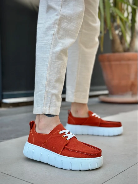 Pabucmarketi Bağcıklı Keten Erkek Günlük Ayakkabı TURUNCU (BEYAZ TABAN) - Resim 3