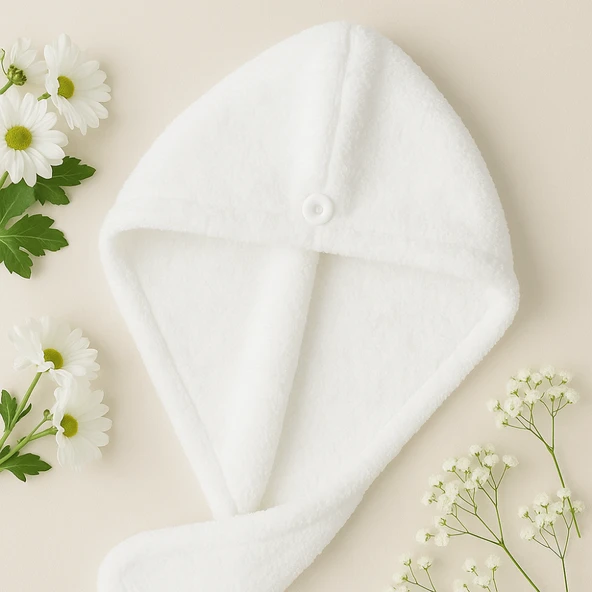 BEYLİNİ Saç Havlusu Peluş Kumaş Hızlı Kuruma Düğmeli Asılabilir Hafif Banyo Bonesi Yıkanabilir Beyaz 40x50cm - 2