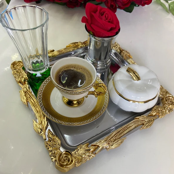 Mucit Home  Kare Gold Gül Motifli Gümüş Sunum Tepsisi