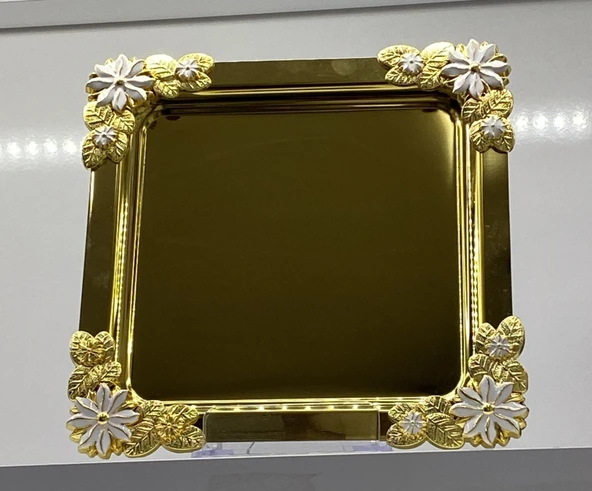 Mucit Home  Kenarları Zambak Motifli Kare Gold Sunum Tepsi - 3