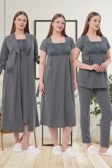 Mecit 6066 Bayan Hamile Lohusa Füme Sabahlık Gecelik Pijama Seti - Resim 5