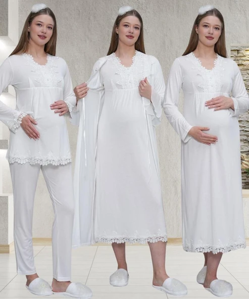 Mecit 1519 Bayan Hamile Lohusa Ekru Sabahlık Gecelik Pijama Seti ürün görseli