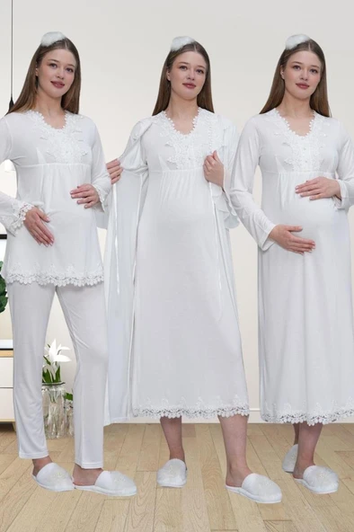 Mecit 1519 Bayan Hamile Lohusa Ekru Sabahlık Gecelik Pijama Seti - Resim 5