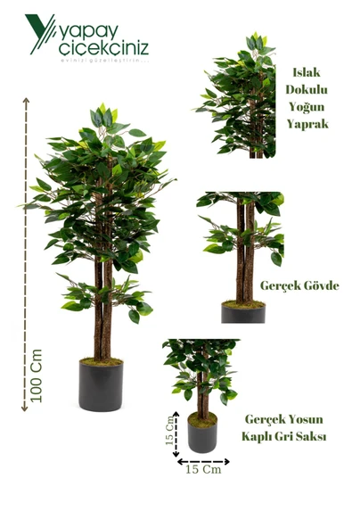 YAPAY ÇİÇEKÇİNİZ Gri Saksıda Yoğun Yapraklı Yapay Benjamin Ağacı - Resim 2