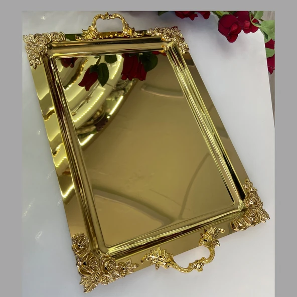 Mucit Home  Kulplu Kenarları Motifli Dikdörtgen Gold Tepsi
