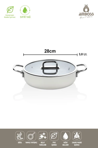Amboss Sera Nova Beyaz 28 cm Basık Seramik Tencere - 4