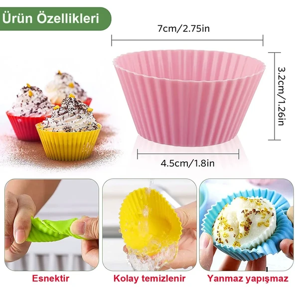 Mucit Home  12 Adet Silikon Muffin  Cupcake,  Browni Mini Kek Kalıbı Renkli - 5