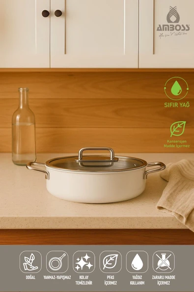Amboss Sera Nova Beyaz 28 cm Basık Seramik Tencere