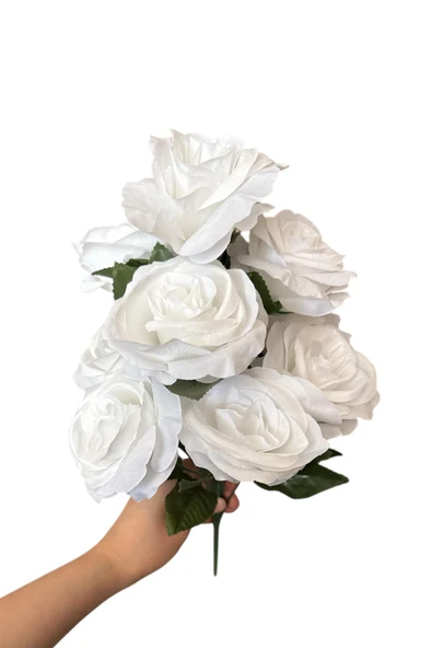 YAPAY ÇİÇEKÇİNİZ Dekoratif Kumaş Dokulu Beyaz Gül Demeti 10 Dal - Resim 3