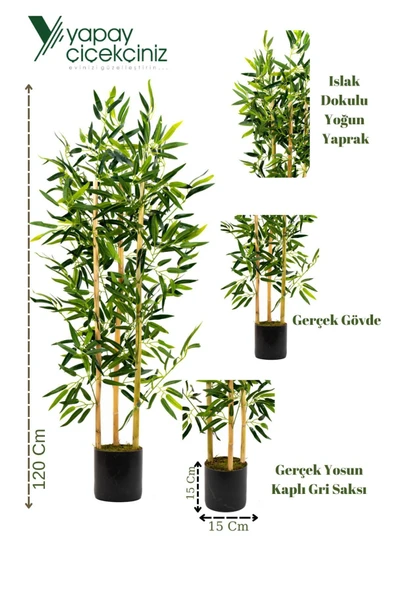 YAPAY ÇİÇEKÇİNİZ Yapay Yoğun Yapraklı Dekoratif Bambu Ağacı 3 Gövde 120cm - 5