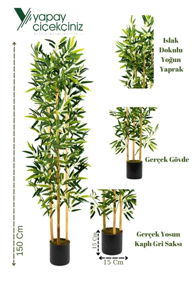 YAPAY ÇİÇEKÇİNİZ Yapay Yoğun Yapraklı Dekoratif Bambu Ağacı 3 Gövde 150cm - 5