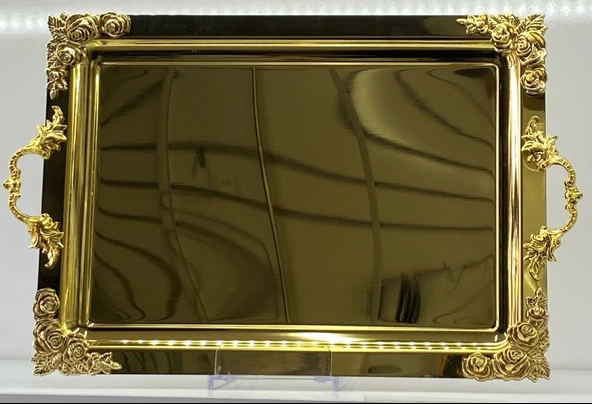Mucit Home  Kulplu Kenarları Motifli Dikdörtgen Gold Tepsi - 2