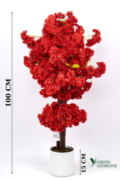 Çim Detaylı Beyaz Saksıda Kırmızı Renkli 100 cm Yapay Salon Bitkisi ürün görseli 1