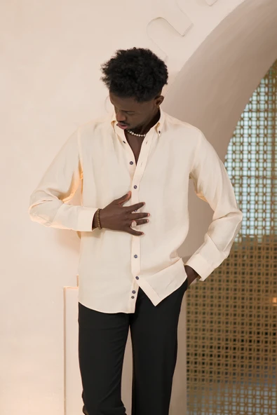 Dorss Yaka Düğmeli Yazlık İnce Tiril Tiril  %100 Modal Slimfit Gömlek - Resim 8