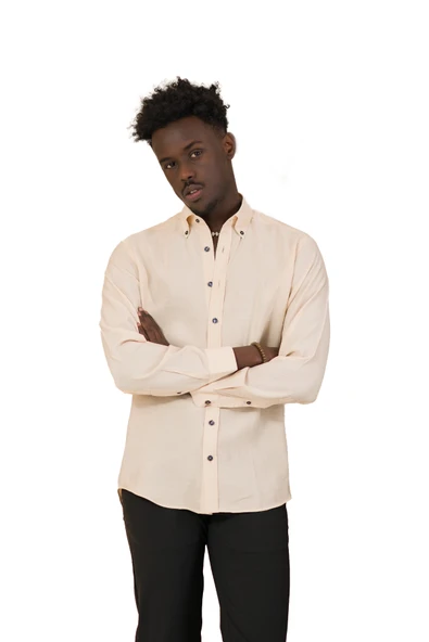 Dorss Yaka Düğmeli Yazlık İnce Tiril Tiril  %100 Modal Slimfit Gömlek - Resim 7