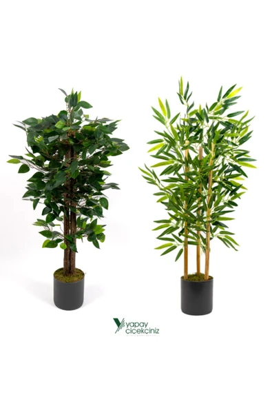 YAPAY ÇİÇEKÇİNİZ 2 Adet Gri Saksıda Çim Detaylı 100 Cm Yapay Benjamin ve Yapay Bambu Ağacı ürün görseli