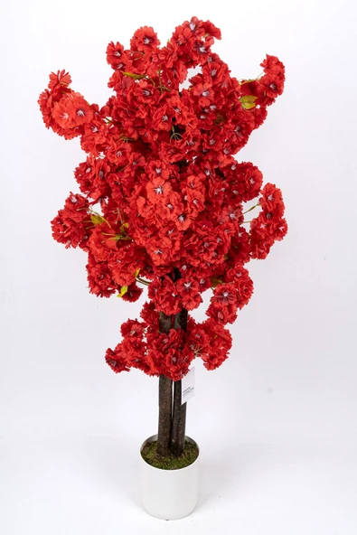 Çim Detaylı Beyaz Saksıda Kırmızı Renkli 100 cm Yapay Salon Bitkisi - Resim 2