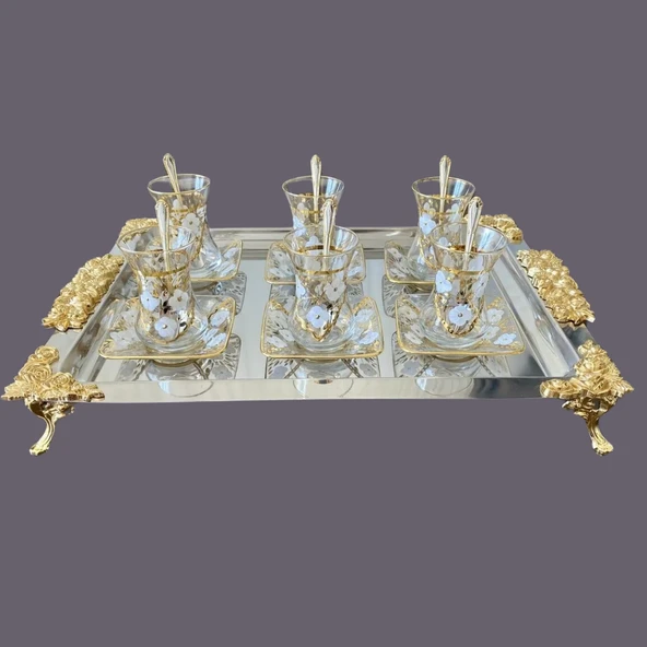 Mucit Home Ayaklı Kenarları Gold Motifli Gümüş Tepsi