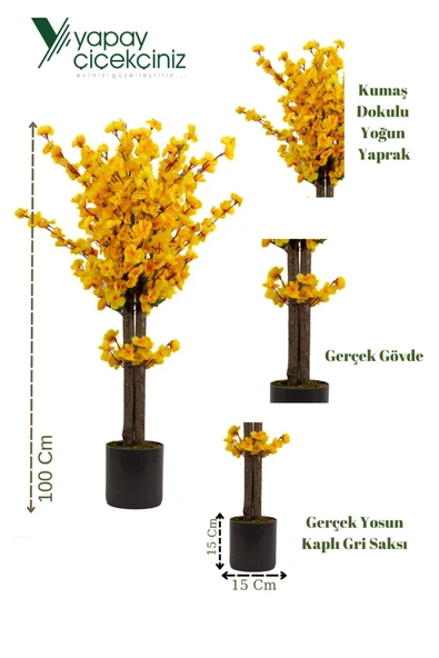 YAPAY ÇİÇEKÇİNİZ Gri Saksıda 100 Cm Sarı Bahardalı - 4