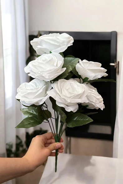 YAPAY ÇİÇEKÇİNİZ Dekoratif Kumaş Dokulu Beyaz Gül Demeti 10 Dal - Resim 2