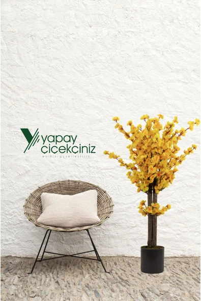 YAPAY ÇİÇEKÇİNİZ Gri Saksıda 100 Cm Sarı Bahardalı - 2